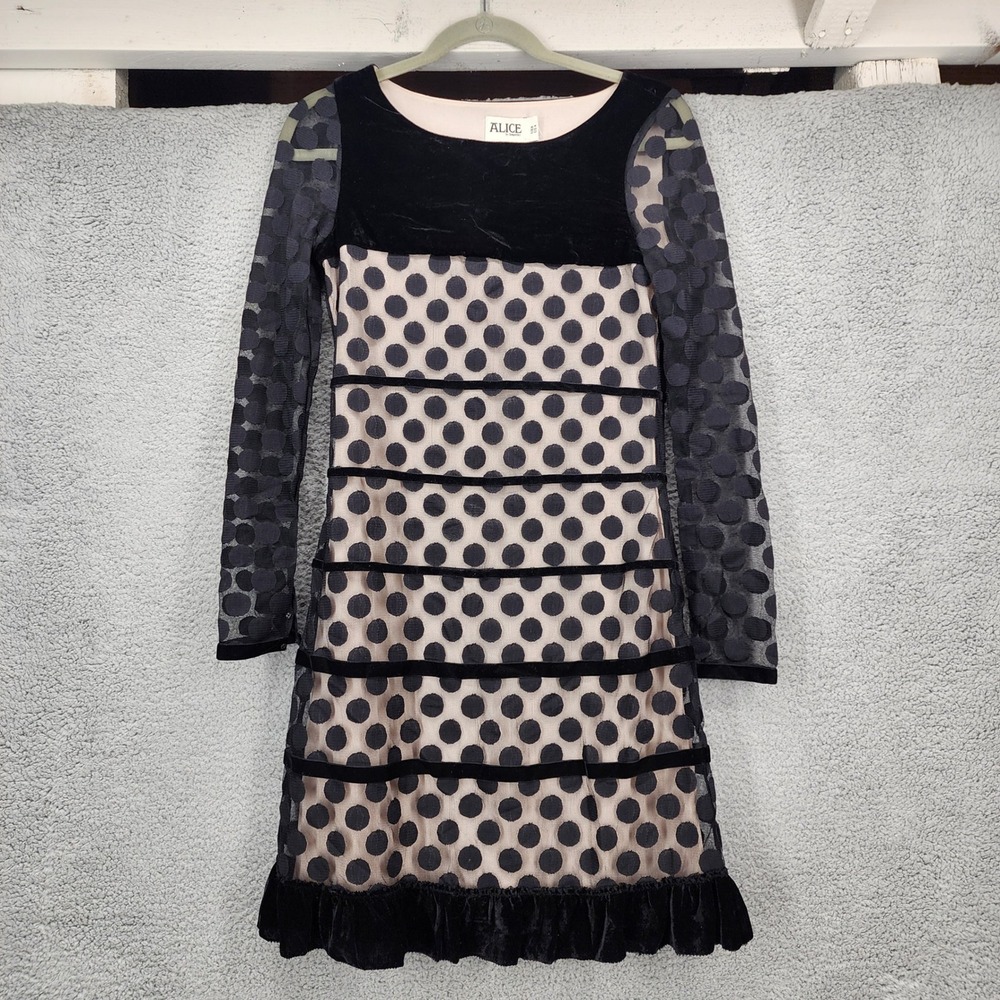 Alice by Temperley Polka Dot Velvet Trim Mesh Mini Dress Black Beige US 4 UK 8